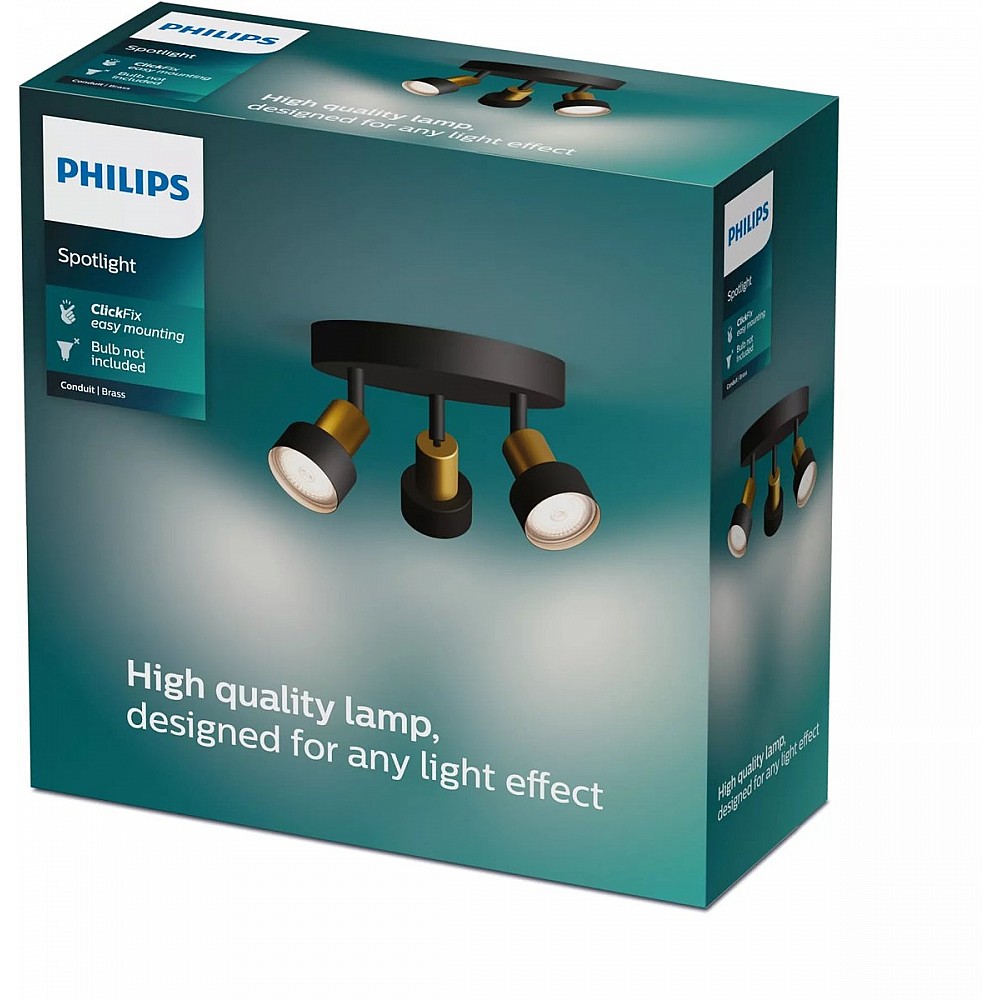 Philips Conduit Spot - Plafondspot met drie lichtpunten - Zwart met goud design - GU10 LED fitting - Ronde basisplaat