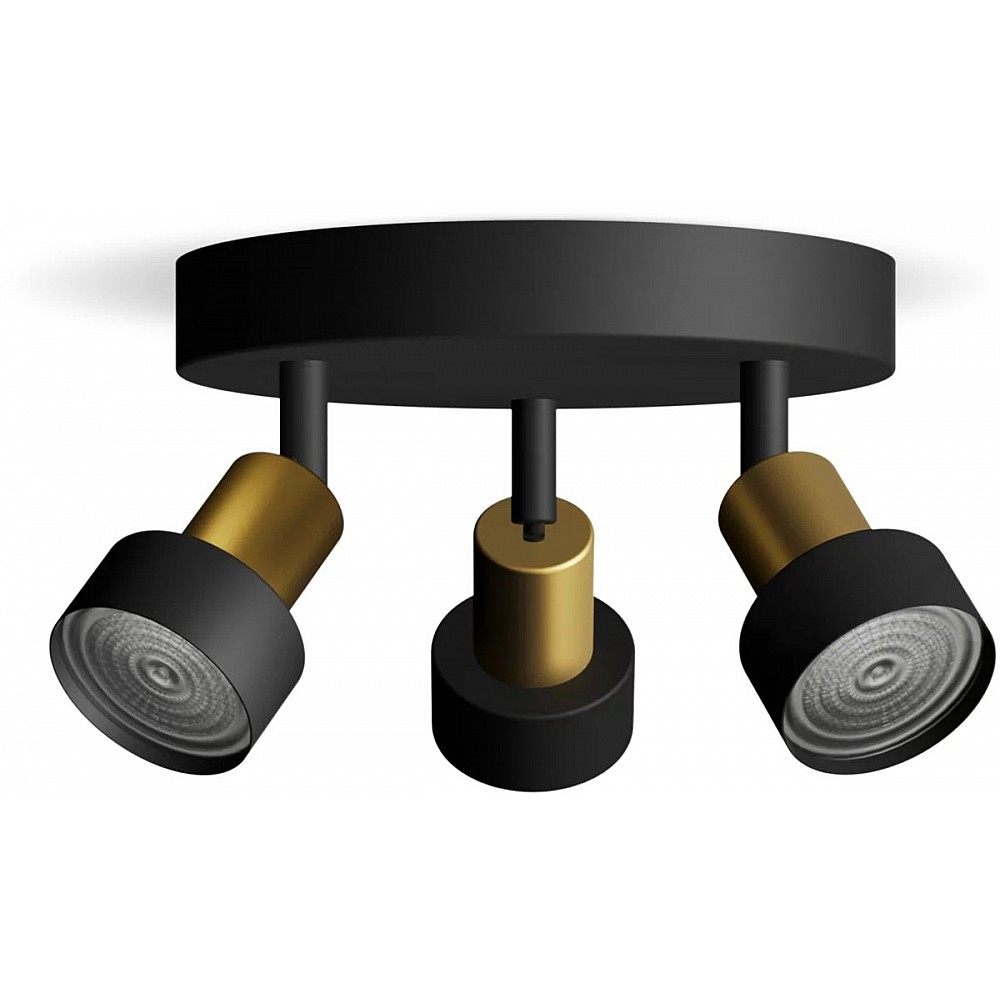 Philips Conduit Spot - Plafondspot met drie lichtpunten - Zwart met goud design - GU10 LED fitting - Ronde basisplaat