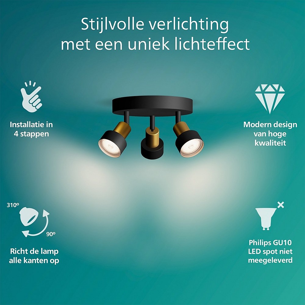 Philips Conduit Spot - Plafondspot met drie lichtpunten - Zwart met goud design - GU10 LED fitting - Ronde basisplaat