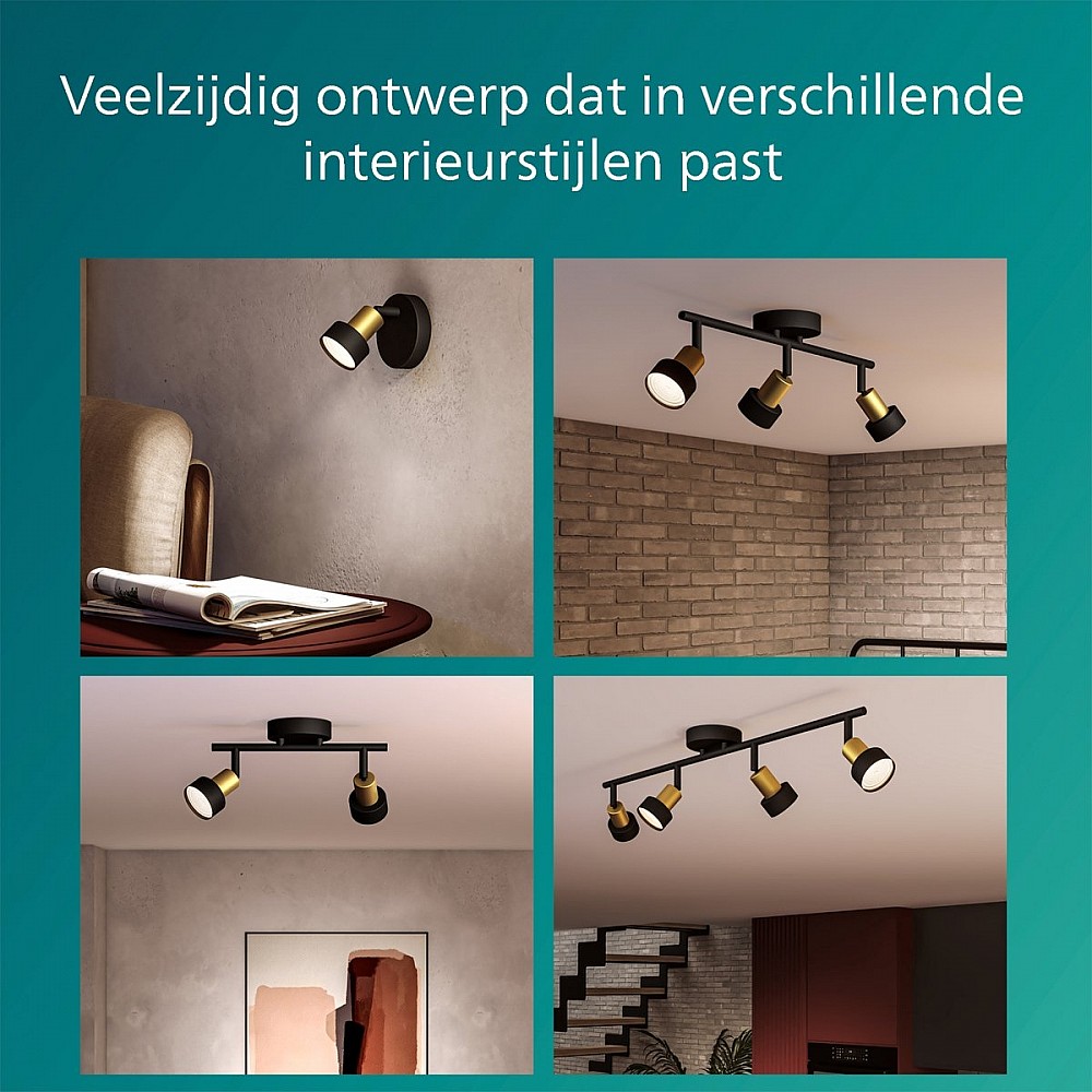 Philips Conduit Spot - Plafondspot met drie lichtpunten - Zwart met goud design - GU10 LED fitting - Ronde basisplaat