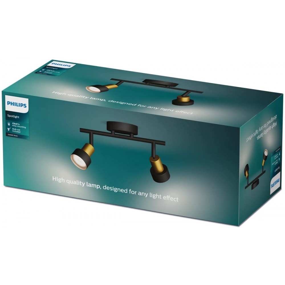 Philips Conduit Spot - Plafondspot met twee lichtpunten - Zwart met goud design - GU10 LED fitting