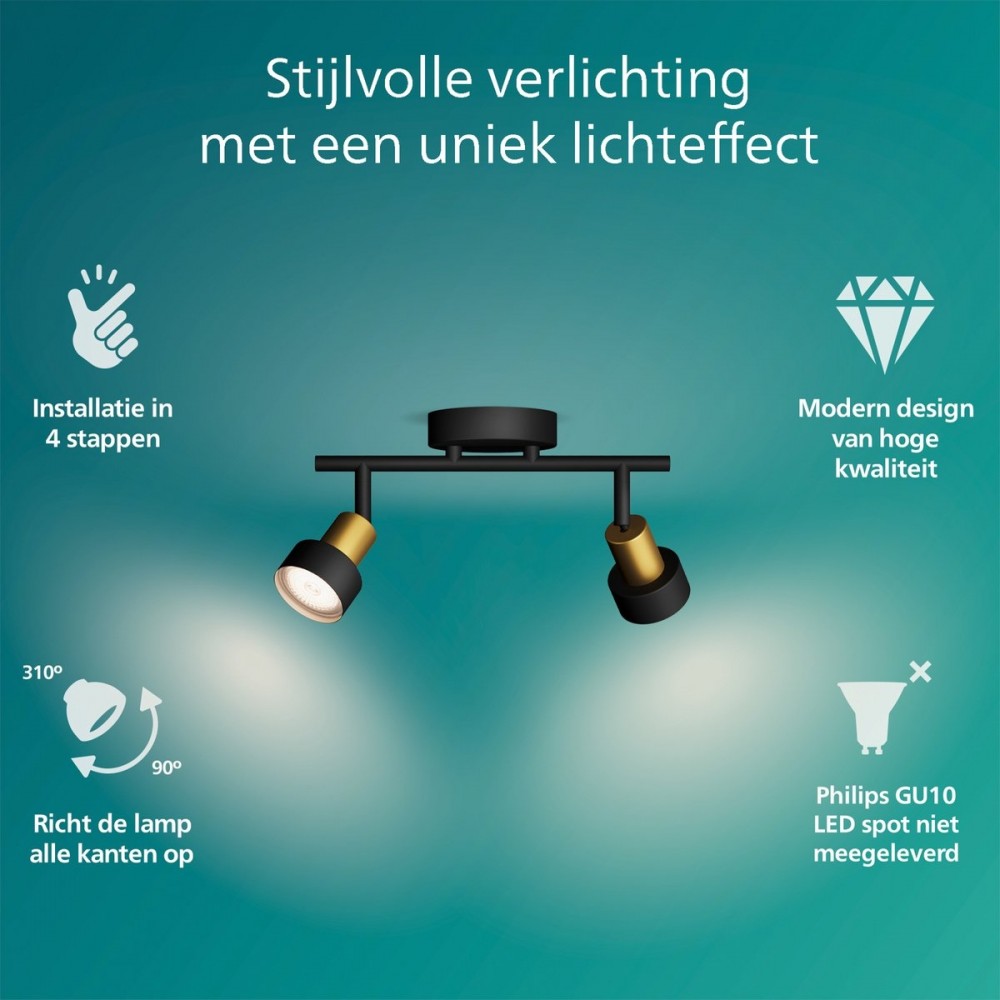 Philips Conduit Spot - Plafondspot met twee lichtpunten - Zwart met goud design - GU10 LED fitting