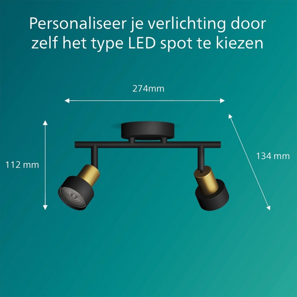 Philips Conduit Spot - Plafondspot met twee lichtpunten - Zwart met goud design - GU10 LED fitting