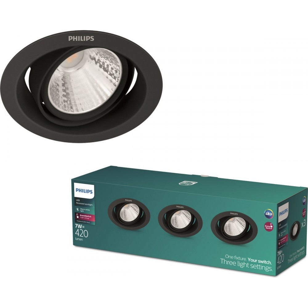 Philips Pomeron Inbouwspot - SceneSwitch - 7W - Warmwit licht - Zwart - Multi-pack 3 stuks