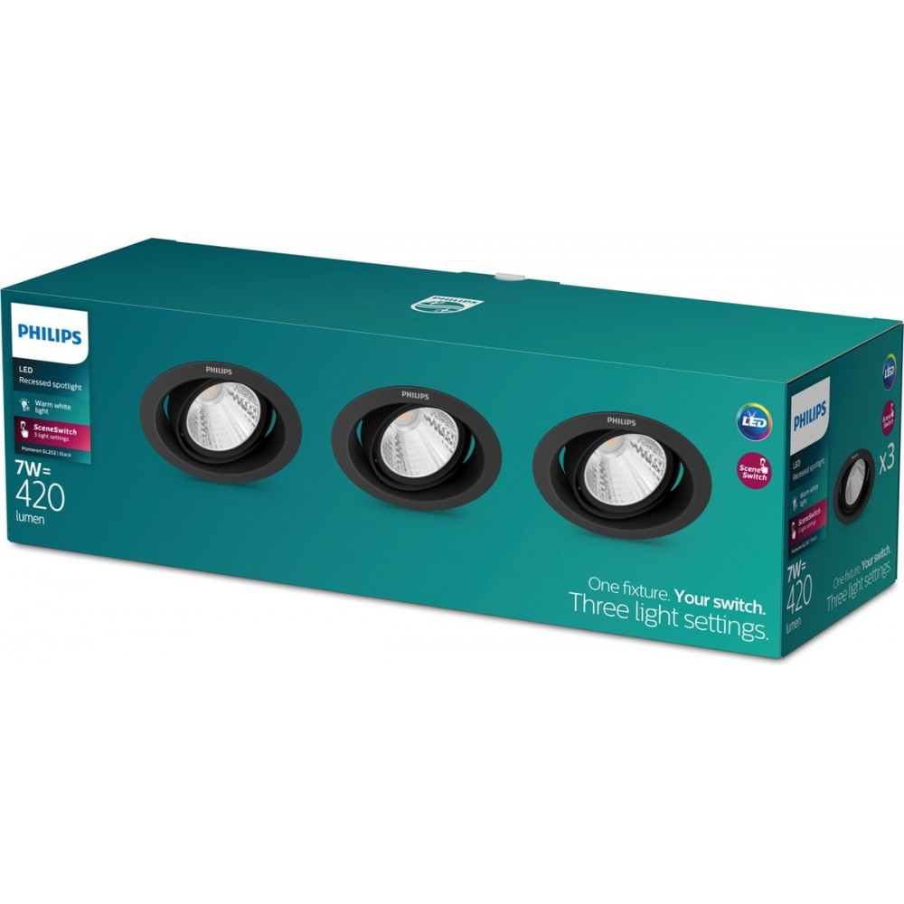 Philips Pomeron Inbouwspot - SceneSwitch - 7W - Warmwit licht - Zwart - Multi-pack 3 stuks
