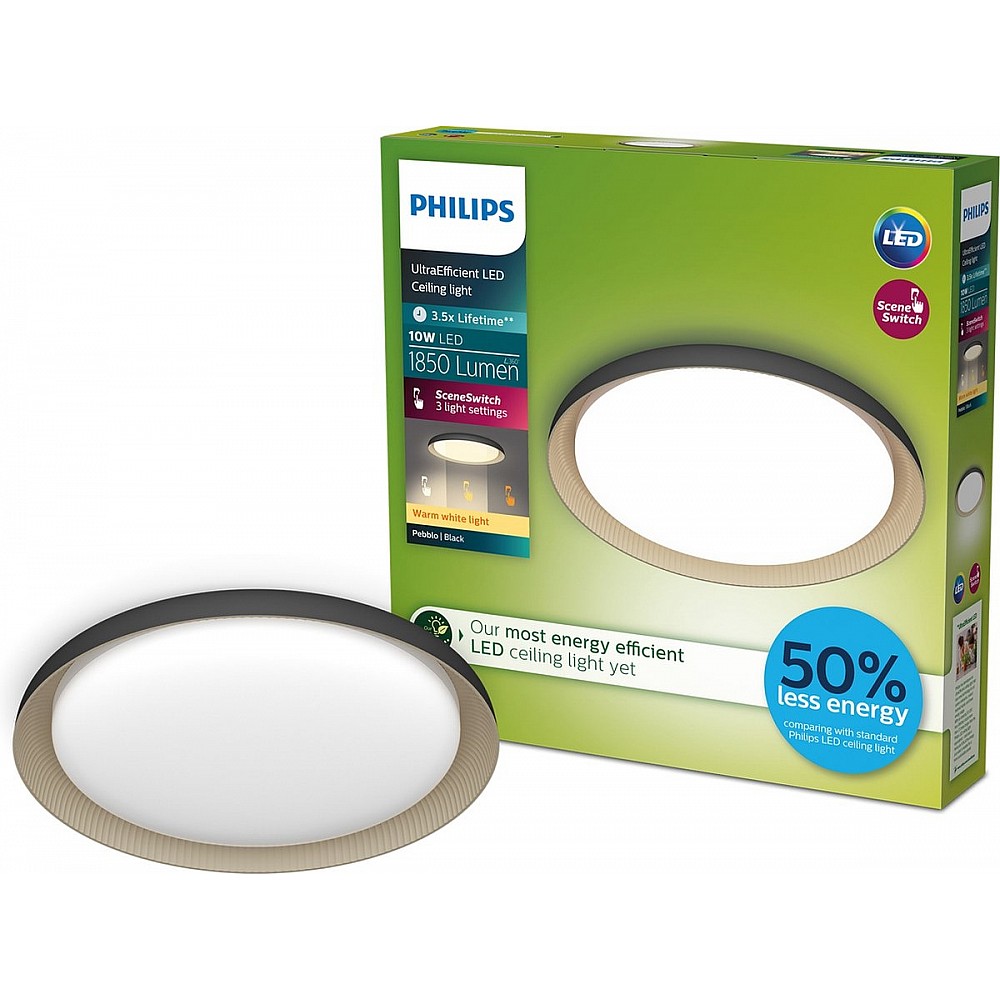 Philips Pebblo plafondlamp - Ultra Efficient - SceneSwitch lichttechnologie - 10W - warmwit licht - Zwart met goud design - Bespaar op energiekosten