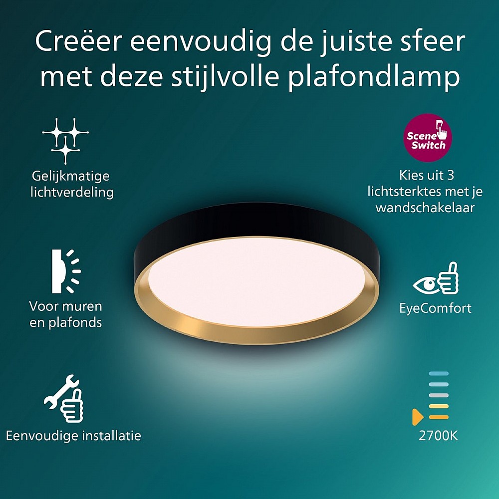 Philips Hanno plafondlamp - SceneSwitch lichttechnologie - 24W - Warmwit licht - Zwart met goud design