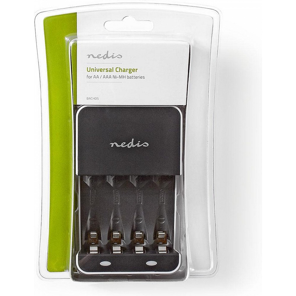 Nedis NiMH-Batterijlader AA / AAA - 1.2 V DC - Druppelladen - Type C (CEE 7/16) - Batterijtype: AA / AAA - Wit / Zwart