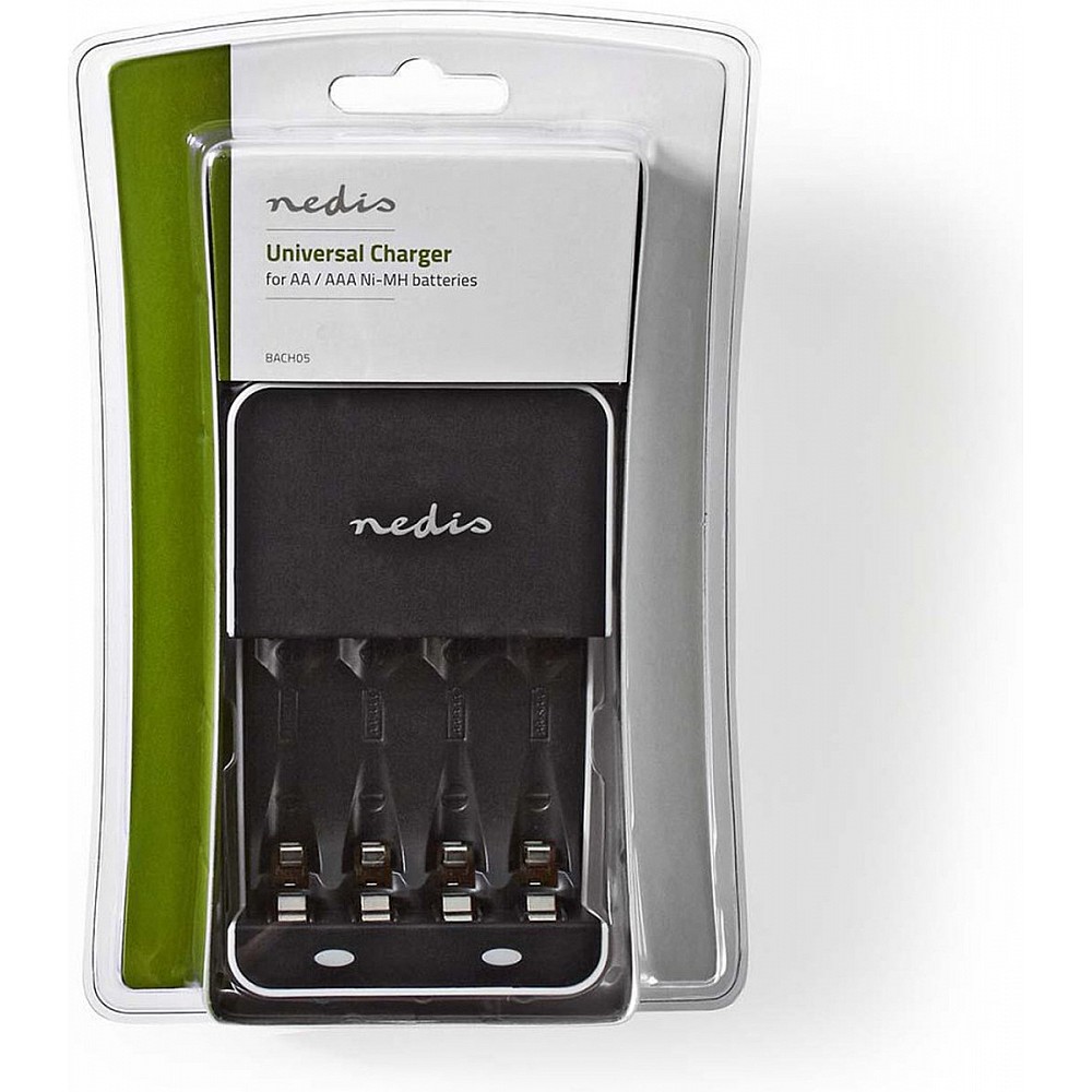 Nedis NiMH-Batterijlader AA / AAA - 1.2 V DC - Druppelladen - Type C (CEE 7/16) - Batterijtype: AA / AAA - Wit / Zwart