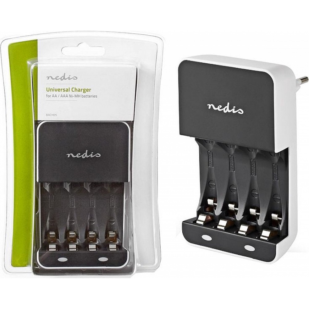 Nedis NiMH-Batterijlader AA / AAA - 1.2 V DC - Druppelladen - Type C (CEE 7/16) - Batterijtype: AA / AAA - Wit / Zwart