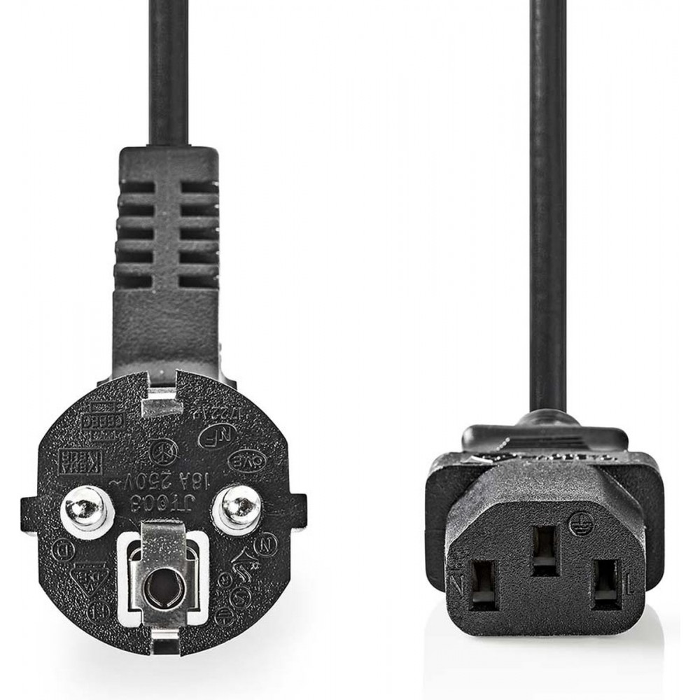 Nedis Stroomkabel - Type F (CEE 7/7) Male - IEC-320-C13 - Gehoekt - Recht - Vernikkeld - 2.00 m - Rond - PVC - Zwart - Label