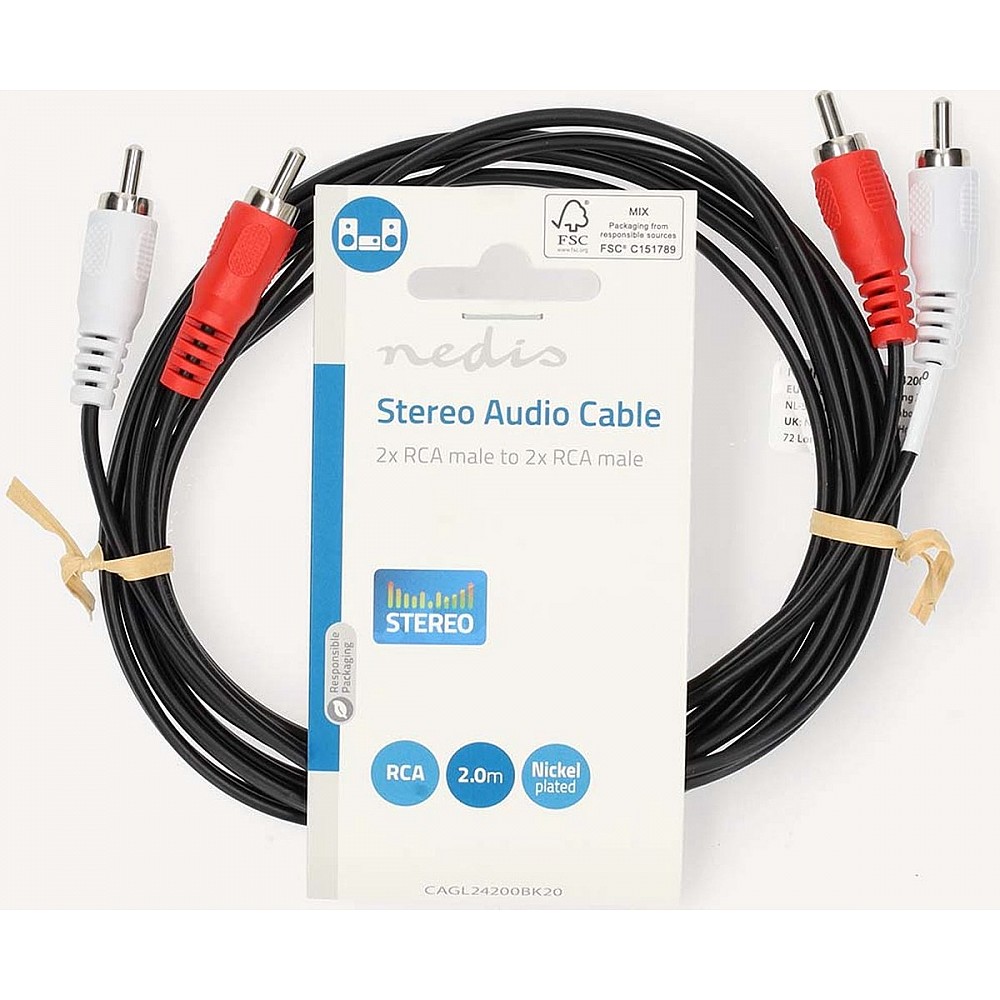 Nedis Stereo-Audiokabel - 2x RCA Male - 2x RCA Male - Vernikkeld - m - Rond - Zwart - Label