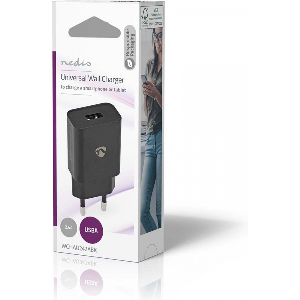 Nedis Oplader 12 Watt Snellaad 2.4 USB-A Zwart
