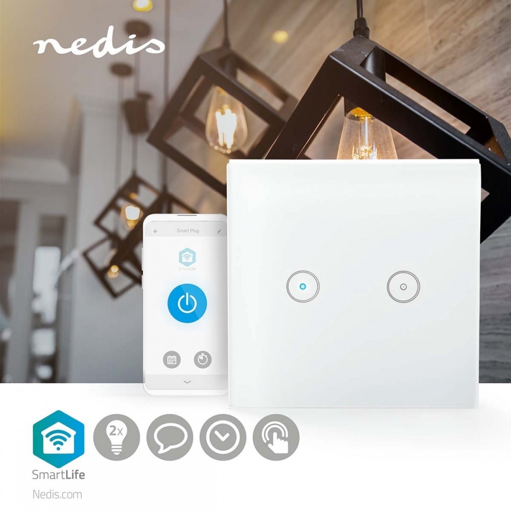 Nedis SmartLife Lichtschakelaar – WiFi – Dubbel – 1000W – Glas – Wit