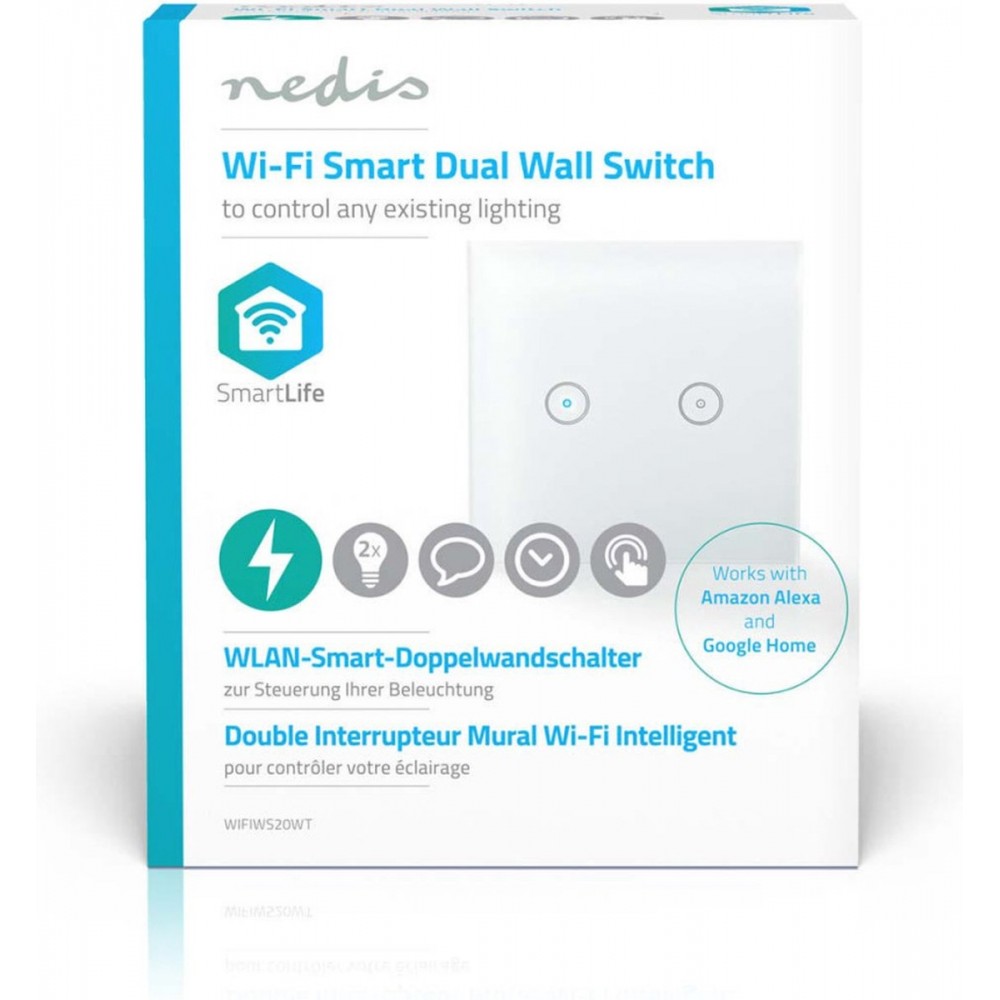 Nedis SmartLife Lichtschakelaar – WiFi – Dubbel – 1000W – Glas – Wit