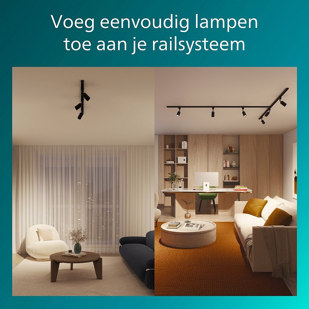 Philips EasyLink Shea Starterkit - 3 Spots op 1 meter rail - GU10 fitting - Maximaal wattage: 7W - Zwart - 3-pack - Railverlichting