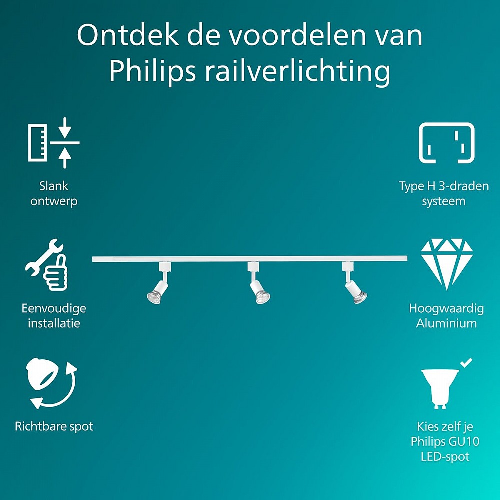 Philips EasyLink Tobia - Spot - GU10 fitting - Maximaal wattage: 7W - Wit - 3-pack - Railverlichting