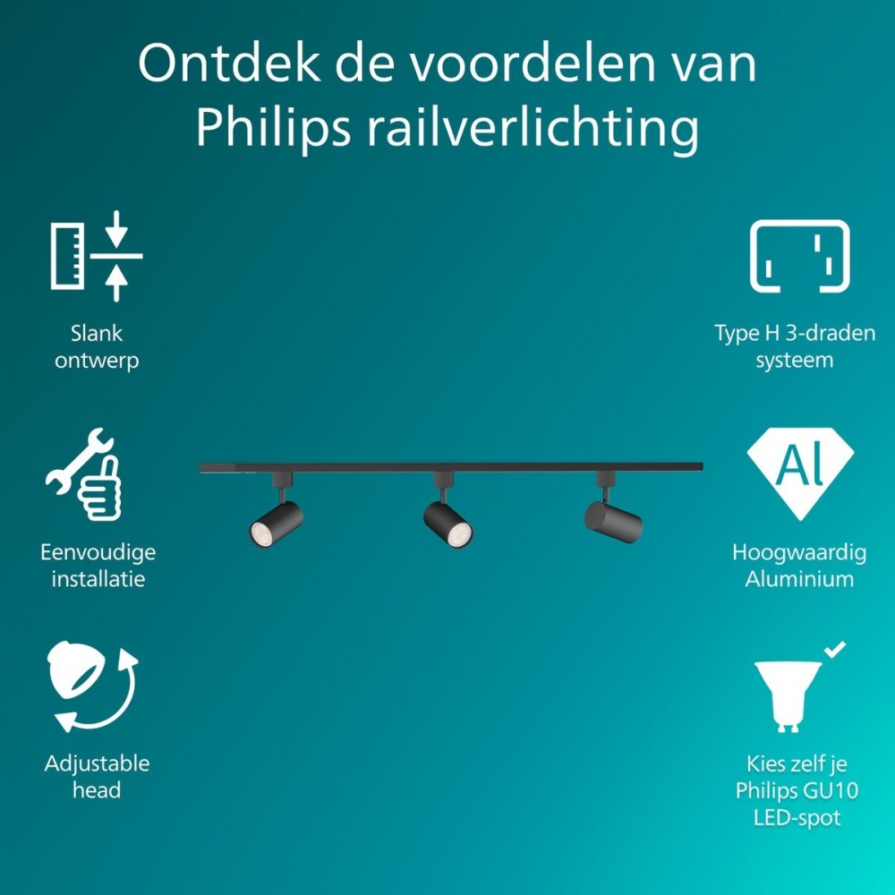 Philips EasyLink Zilo - Spot - GU10 fitting - Maximaal wattage: 7W - Zwart - 3-pack - Railverlichting