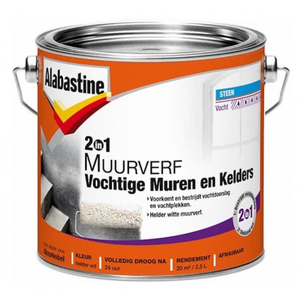 Alabastine 2 in 1 Vochtige Muren en Kelders Muurverf - Helder wit - 2,5 liter