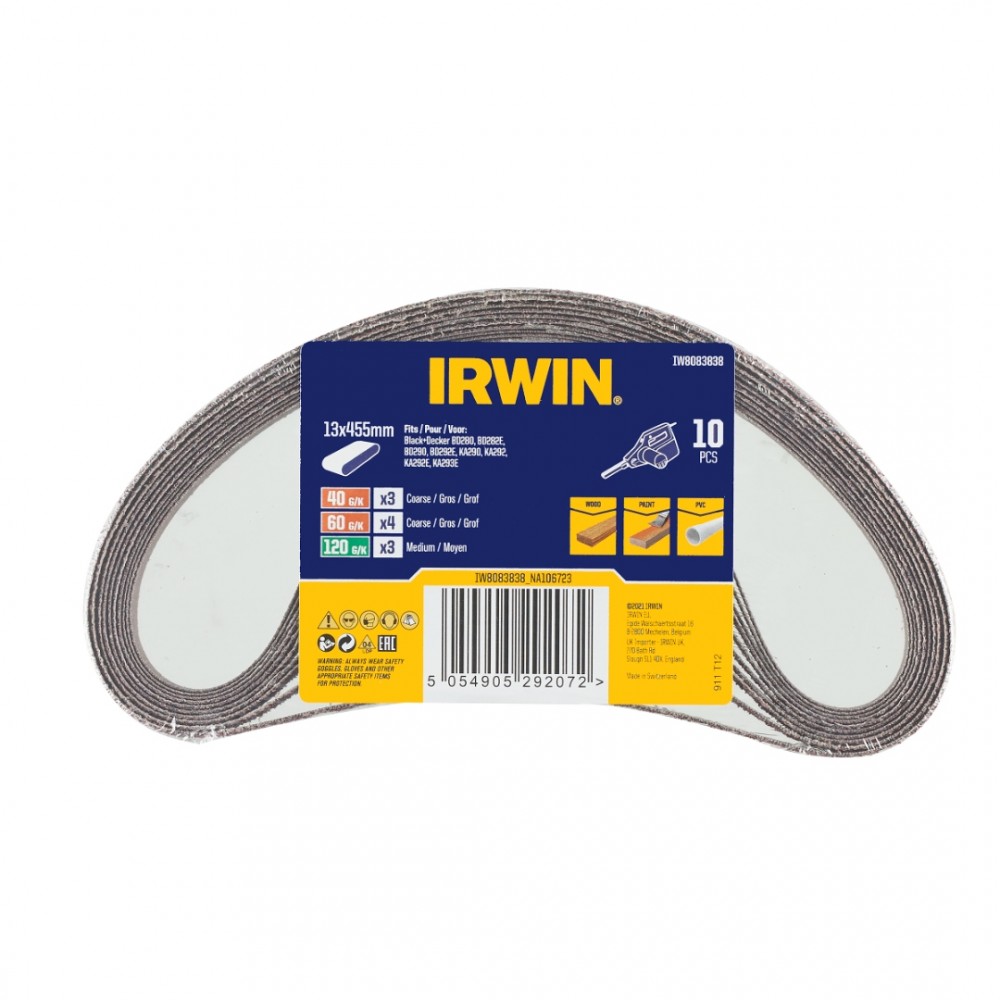 Irwin schuurband 13 x 455 mm K40/K60/K120 voor B+D Powerfile KA900, 10 stuks