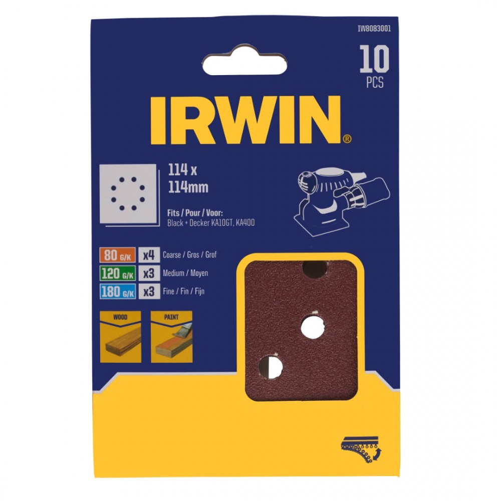 Irwin schuurvel 115 x 115 mm K80/K120/K180 zelfhechtend, met perforatie, 10 stuks.