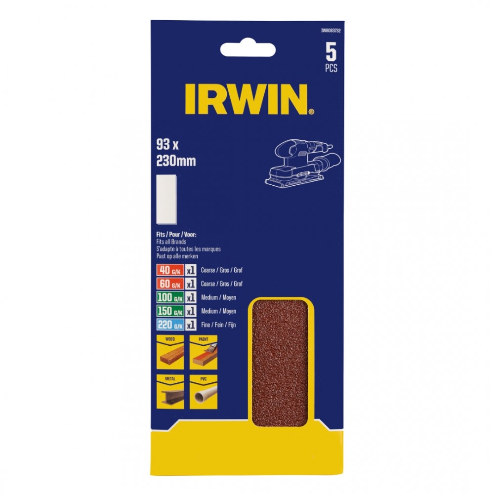 Irwin schuurvel 230 x 93 mm K40/K60/K100/K150/K220 voor klembevestiging, zonder perforatie, 5 stuks.