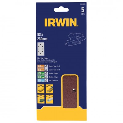 Irwin schuurvel 230 x 93 mm K40/K60/K100/K150/K220 voor klembevestiging, met perforatie voor B+D, 5 stuks.