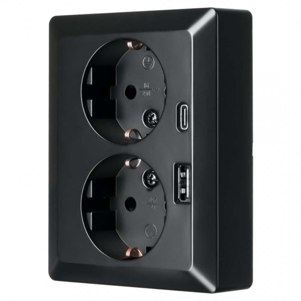 ION Industries E1 contactdoos inbouw - 2-voudig - randaarde - USB A/C - mat zwart