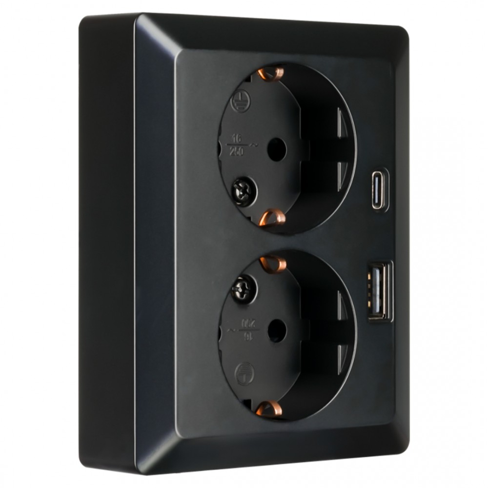 ION Industries E1 contactdoos inbouw - 2-voudig - randaarde - USB A/C - mat zwart