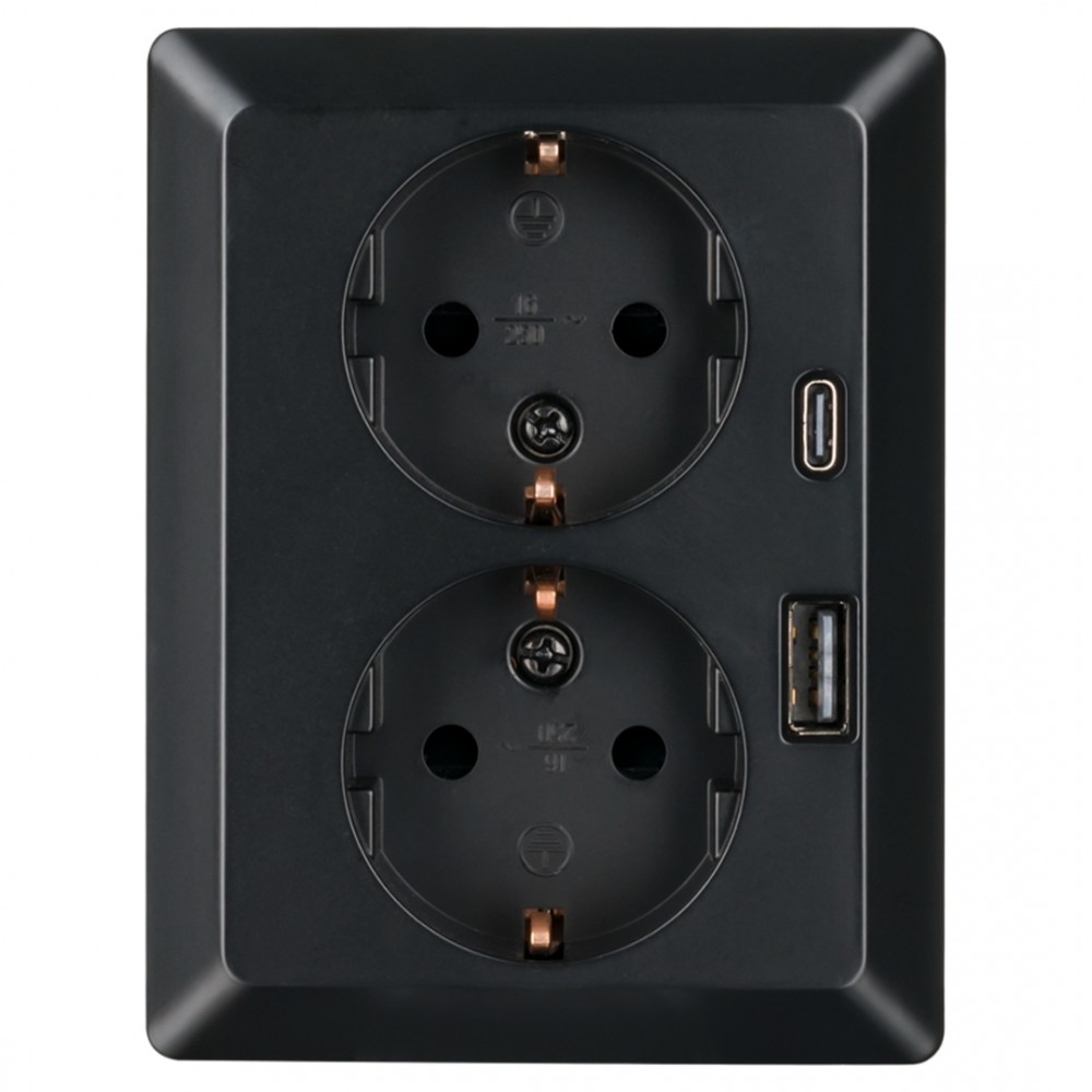 ION Industries E1 contactdoos inbouw - 2-voudig - randaarde - USB A/C - mat zwart