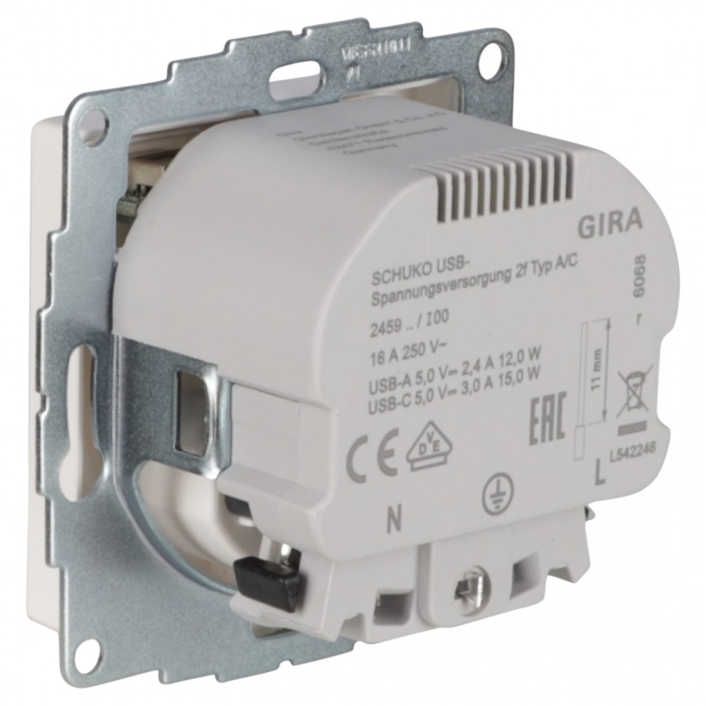 Gira System 55 contactdoos inbouw - 1-voudig - USB A/C - polarwit