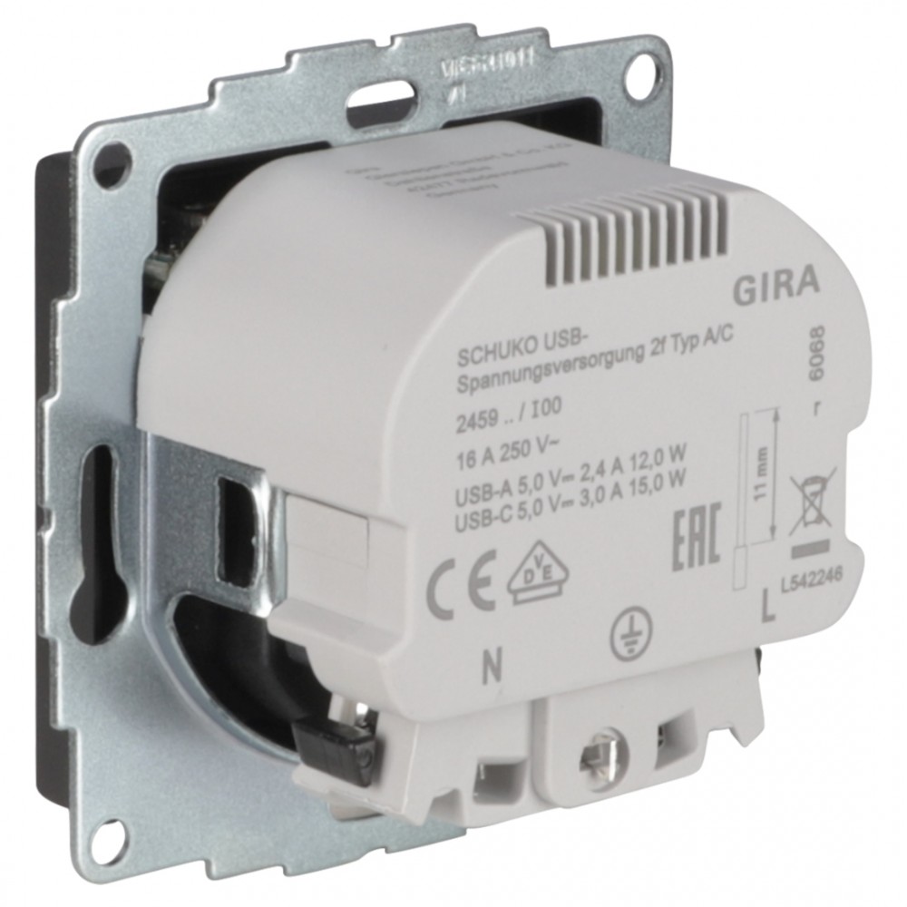 Gira E2 contactdoos inbouw - 1-voudig - USB A/C - zwart