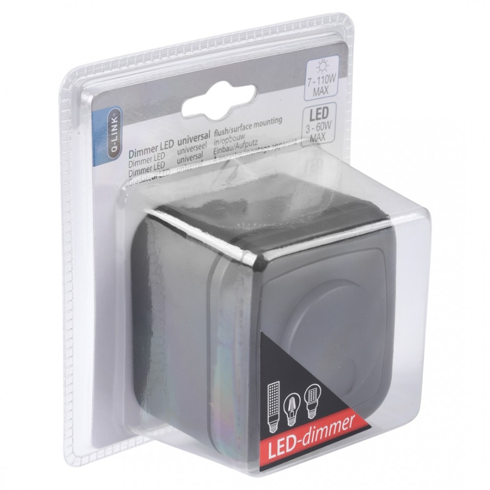 Q-Link dimmer inbouw/opbouw - 3-60W - druk-wissel - met afdekraam - mat zwart