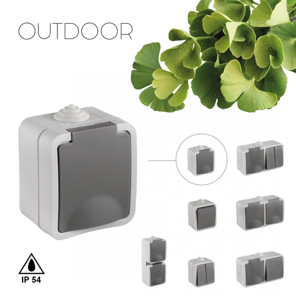 Q-Link contactdoos opbouw - 1-voudig - met randaarde - spatwaterdicht IP54 - grijs